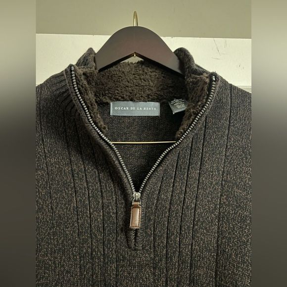 Oscar DeLa Renta 1/4Zip Dark Brown Mock Neck Ribbed Sherpa Lined Neck Sweater XL - Picture 9 of 16